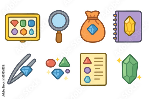 Kids' Gem Collection Icons. Flat vector mini-illustrations kids’ gem collection in colors children's illustrations: labeled gem