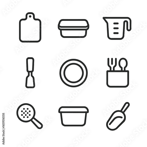 Kitchenware Icon Set. Outline icon set of hard plastic kitchenware: cutting board, container lid, measuring cup, spatula handle,