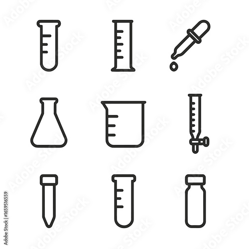 Lab Equipment Icons. Outline icon set of laboratory tubes: test tube, graduated cylinder, pipette, conical flask, beaker, burette,