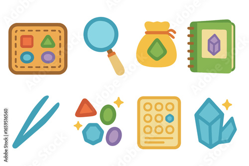 Kids' Gem Collection Icons. Flat vector mini-illustrations kids’ gem collection in colors children's illustrations: labeled gem
