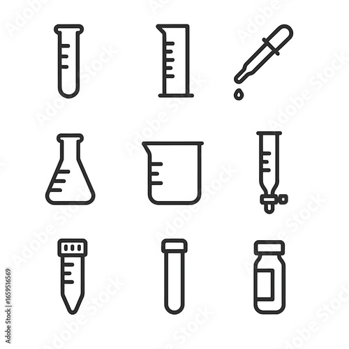 Lab Equipment Icons. Outline icon set of laboratory tubes: test tube, graduated cylinder, pipette, conical flask, beaker, burette,