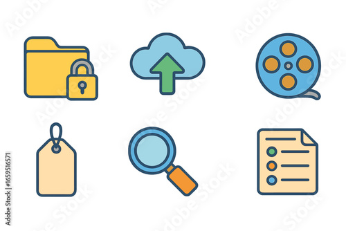 Digital Asset Icons. Flat vector mini-illustrations digital asset management in colors children's