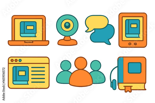 Digital Book Club. Flat vector mini-illustrations online book discussions in colors children's illustrations: