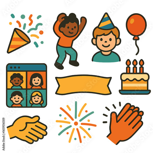 Digital Celebration Icons. Flat vector mini-illustrations digital celebration moments in colors children's
