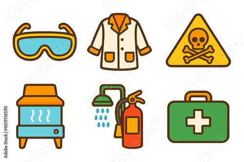 Lab Safety Essentials. Flat vector mini-illustrations precipitate safety in colors children's illustrations: safety goggles,