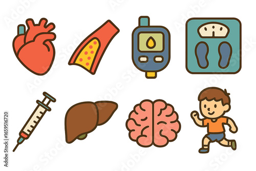 Lipid Health Icons. Flat vector mini-illustrations lipid related health in colors children's illustrations: heart, artery with