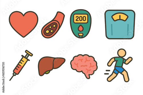 Lipid Health Icons. Flat vector mini-illustrations lipid related health in colors children's illustrations: heart, artery with