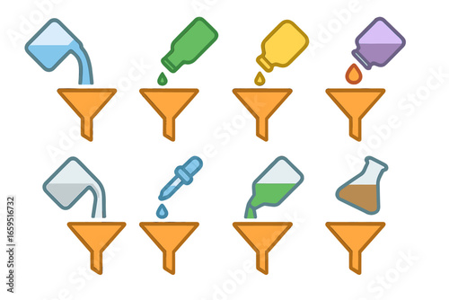 Liquid Handling Icons. Flat vector mini-illustrations funnel liquid handling in colors children's illustrations: pouring water,