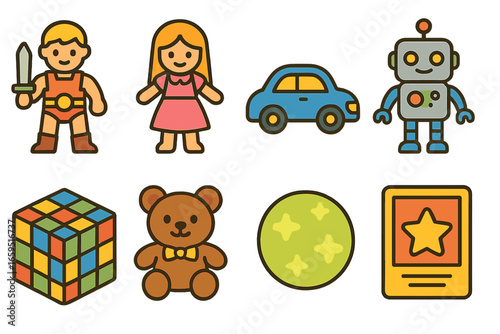 Limited Edition Toy Icons. Flat vector mini-illustrations limited edition toys in colors children's illustrations: collectible