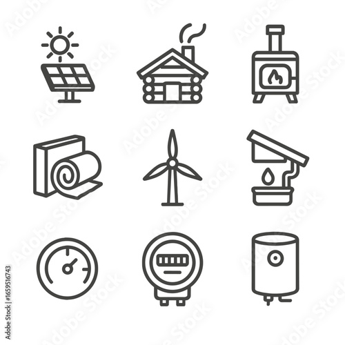 Log House Energy Icons. Outline icon set of log house energy systems: solar panel, chimney smoke, wood stove, insulation, wind