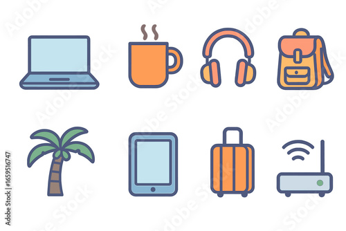 Digital Nomad Essentials. Flat vector mini-illustrations remote work and digital nomad lifestyle ideas in