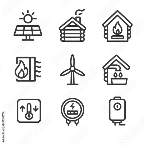 Log House Energy Icons. Outline icon set of log house energy systems: solar panel, chimney smoke, wood stove, insulation, wind