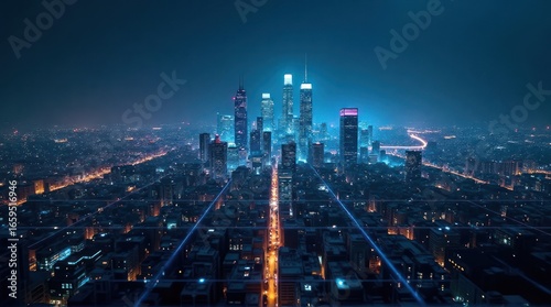 Wallpaper Mural Cityscape at Night with Blue Futuristic Data Network Overlay Torontodigital.ca