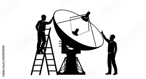 Two technicians working on a large satellite dish, likely performing maintenance or adjustments.