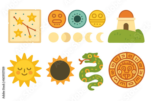 Maya Astronomy Icons. Flat vector mini-illustrations Maya astronomy in colors children's illustrations: star chart, planet glyphs,