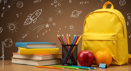 A colorful school scene featuring backpack, books, pencils, apple, and clock in a creative doodle background