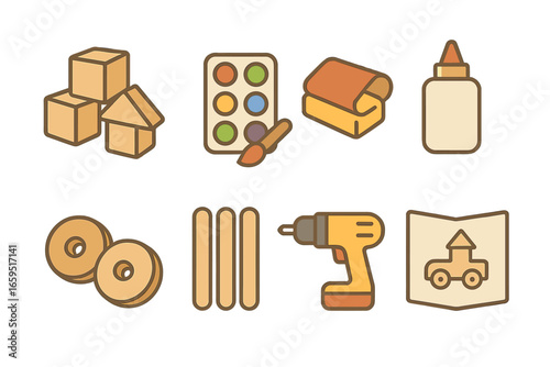 DIY Wooden Toy Kit. Flat vector mini-illustrations DIY wooden toys in colors children's illustrations: