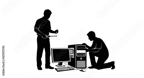 Two men working on a computer, one kneeling and the other holding a clipboard.