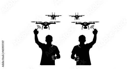 Two operators remotely control a swarm of four drones, showcasing advanced aerial technology.