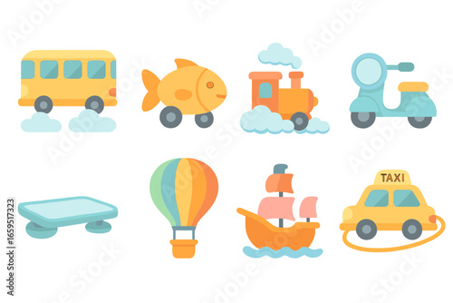 Dreamlike Transport Icons. Flat vector mini-illustrations dreamlike transportation in colors children's