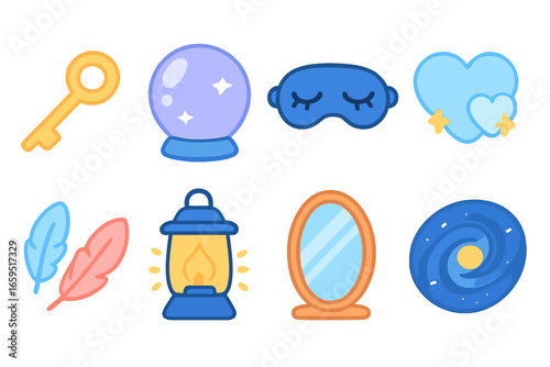 Dream Symbols for Kids. Flat vector mini-illustrations Dream symbols in colors children's illustrations: key