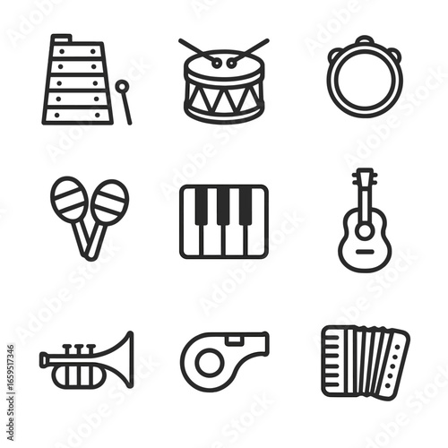 Musical Toys Icons. Outline icon set of musical toys: xylophone, drum, tambourine, maracas, piano keyboard, guitar, trumpet,