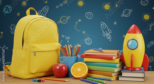 A colorful school scene featuring backpack, books, pencils, apple, and clock in a creative doodle background
