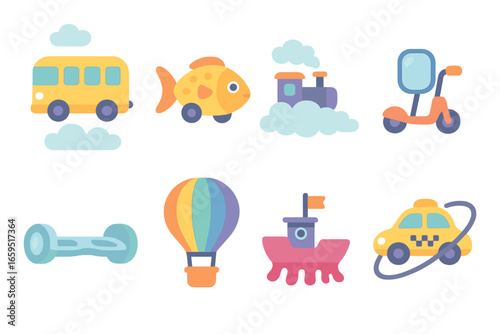 Dreamlike Transport Icons. Flat vector mini-illustrations dreamlike transportation in colors children's