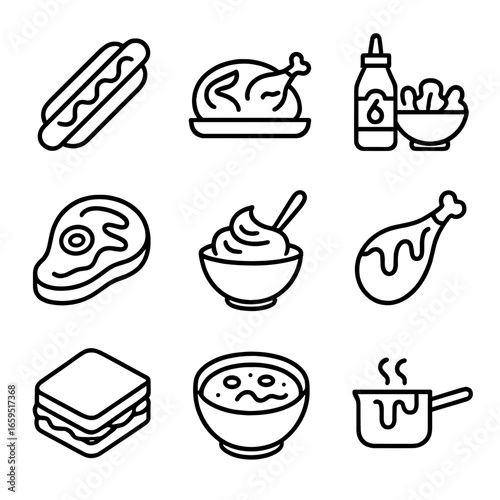 Mustard Cooking Icon Set. Outline icon set of mustard uses in cooking: hot dog with mustard, mustard chicken, mustard salad