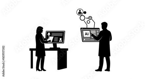Two individuals, one at a desk and the other holding a tablet, work on digital design projects, showcasing collaborative workflow.
