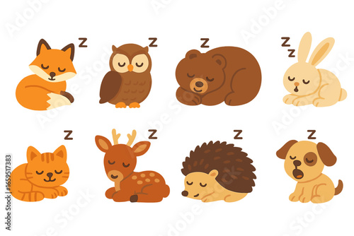 Dreamy Animal Icons. Flat vector mini-illustrations Sleepy animals in dreams in colors children's