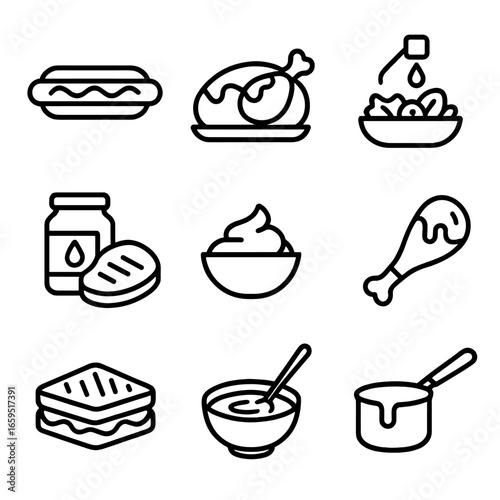 Mustard Cooking Icon Set. Outline icon set of mustard uses in cooking: hot dog with mustard, mustard chicken, mustard salad