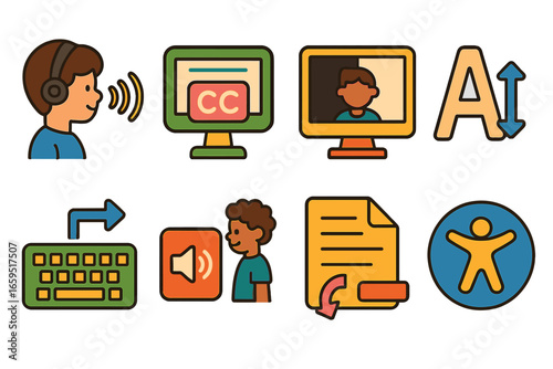 E-Learning Accessibility Icons. Flat vector mini-illustrations accessibility in e-learning in colors