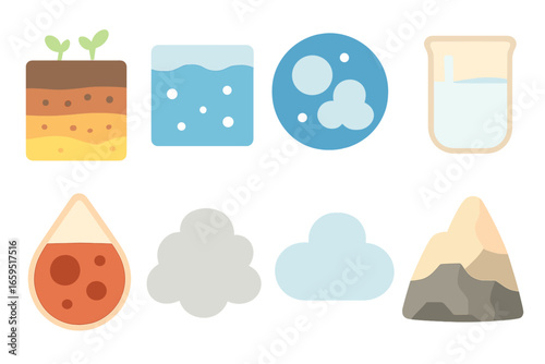 Nature's Elements Icons. Flat vector mini-illustrations natural mixtures in colors children's illustrations: soil layers, ocean