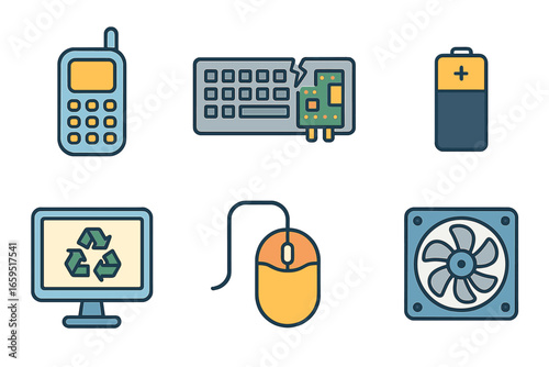 E-Waste Recycling Icons. Flat vector mini-illustrations e-waste recycling in colors children's illustrations: