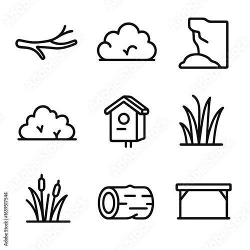 Nest Environment Icons. Outline icon set of nest environment: tree branch, bush, rock ledge, ground patch, nest box, cliff face,