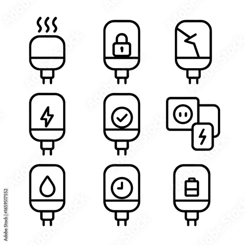 Night Light Safety Icons. Outline icon set of night light safety features: overheat protection, child lock, shatterproof design,