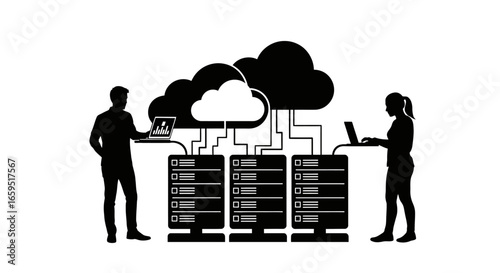 Silhouetted figures interact with cloud computing and server infrastructure, accessing data.