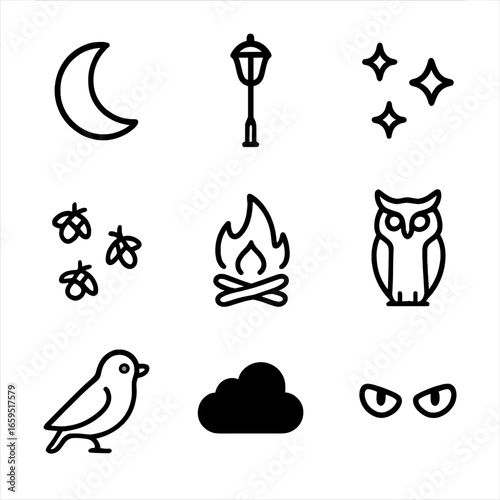 Nighttime Park Icons. Outline icon set of park nighttime: crescent moon, street lamp, stars, fireflies, campfire, owl, night bird,