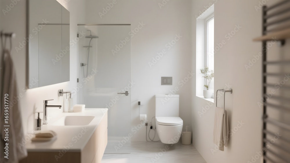 Modern minimalist bathroom with white fixtures, a large mirror, and natural light from a window Modern minimalist bathroom with white fixtures, a large mirror, and natural light from a window