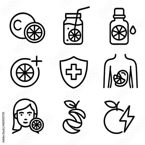 Orange Health Icon Set. Outline icon set of orange health and wellness: vitamin C pill, orange detox water, orange essential oil,