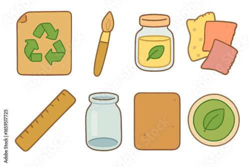 Eco Craft Supplies. Flat vector mini-illustrations Eco-friendly craft supplies in colors children's