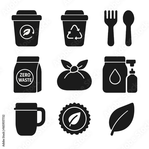 Eco Café Icon Set. Solid, filled icons set of eco-friendly café practices: compost bin, recyclable cup, bamboo