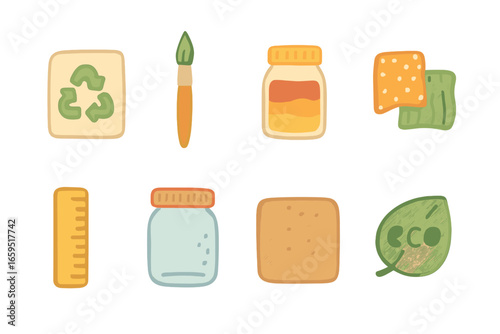 Eco Craft Supplies. Flat vector mini-illustrations Eco-friendly craft supplies in colors children's