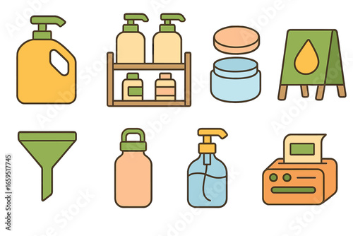 Eco Beauty Refill Icons. Flat vector mini-illustrations of beauty refill stations in colors children's
