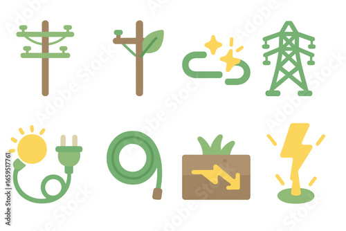 Eco Energy Icons. Flat vector mini-illustrations of eco energy transmission in colors children's illustrations