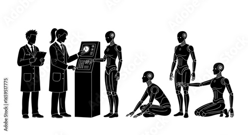 Scientists interact with and observe humanoid robots in a laboratory setting, showcasing technology and research.