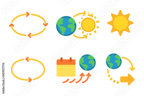 Earth's Orbit Illustration. Flat vector mini-illustrations Earth orbit around the Sun in colors children's