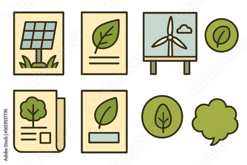 Eco Energy Icons. Flat vector mini-illustrations Print advertising for green energy in colors children's