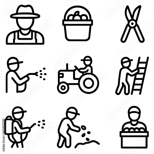 Orchard Worker Icons. Outline icon set of orchard workers: farmer with hat, harvesting basket, pruning shears, watering hose,